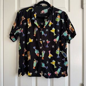 Coachella music festival Tropical Cocktail Print Short-Sleeve Shirt - Black